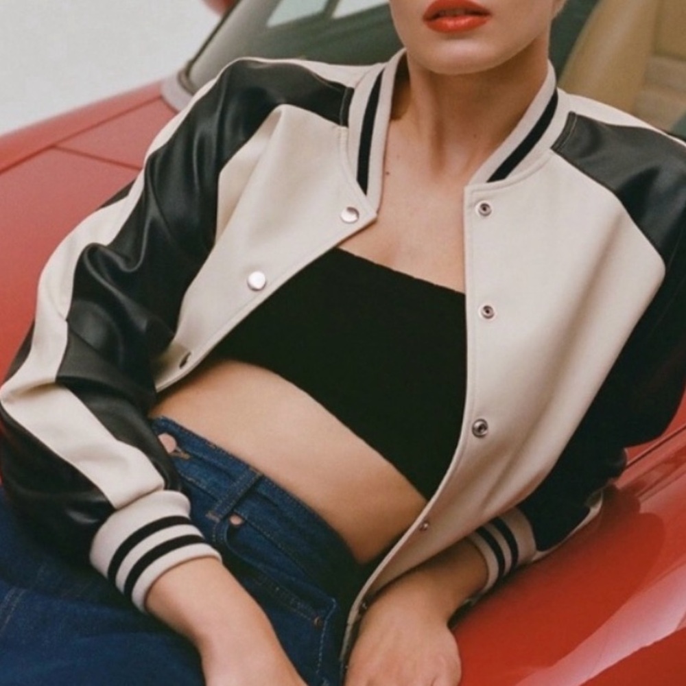 By Anthropologie Colorblock Faux Leather Bomber Jacket